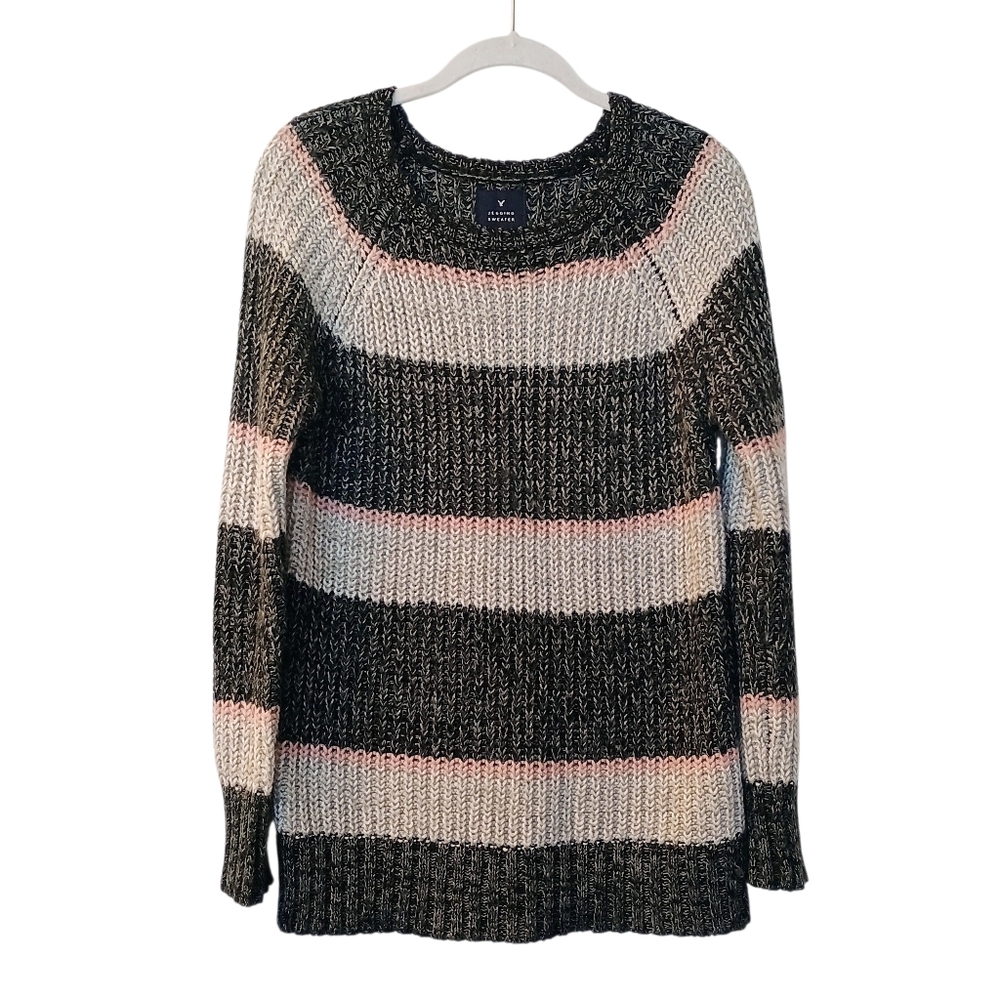 Women's American Eagle Knit Jegging Sweater - Gray And Pink Striped - Size Small